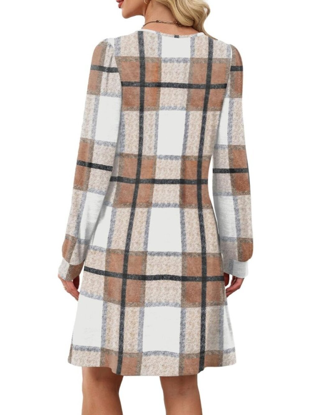 Women's Biege Plaid Pleated Crew Neck Pockets Fall Baby Doll Sweater Mini Dress - Picture 5 of 5